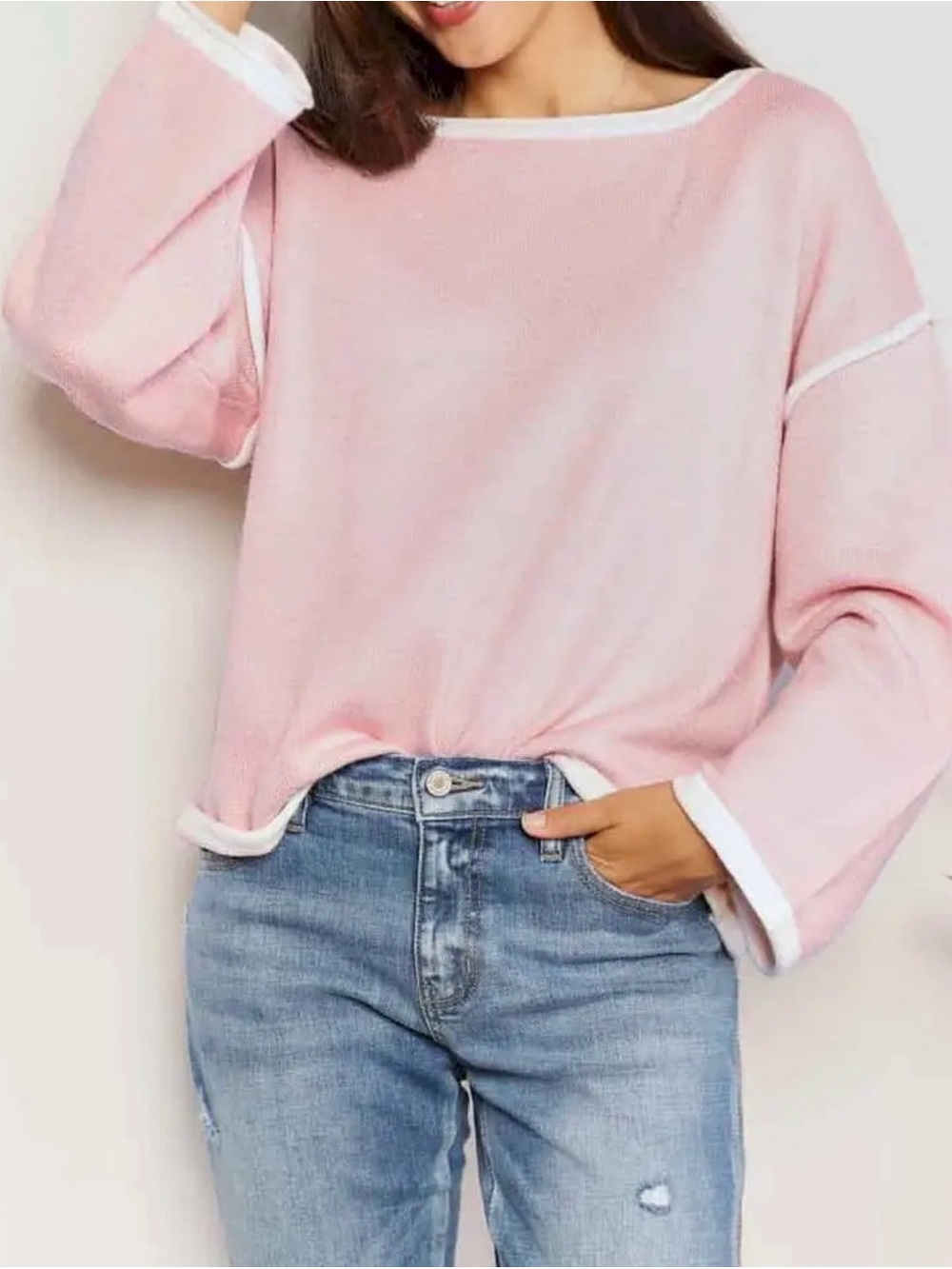 Double Take Light Pink Knit Sweater with White Trim